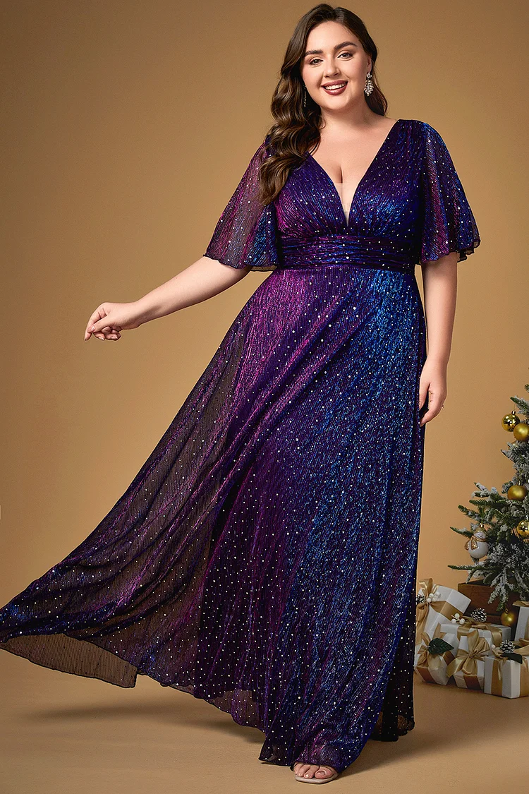 Flycurvy Plus Size Christmas Purple Mesh Sparkly Sequin Deep V Neck Ruffle Sleeve Empire Waist Tunic Maxi Dress Flycurvy