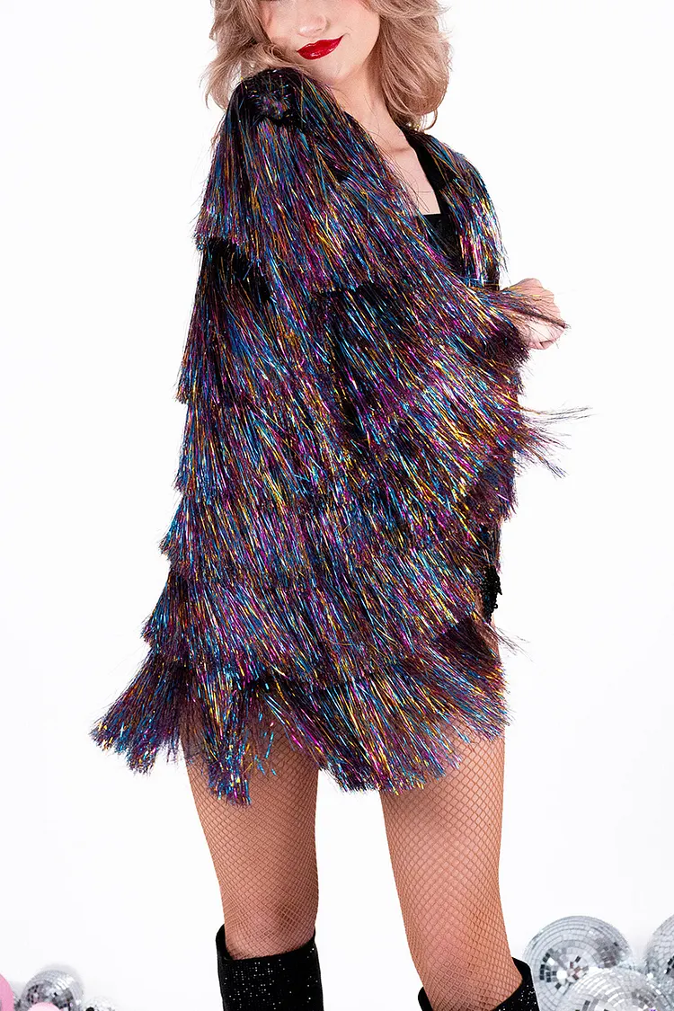 Ciciful Tinsel Fringe Reflective Rainbow Festival Disco Swing Jacket