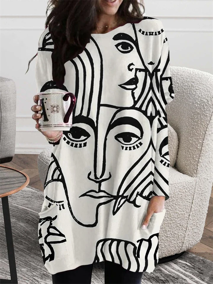 Women's Plus Size T Shirt Dress Tee Dress Abstract Crew Neck Print Long Sleeve Winter Fall Casual Daily Vacation Dress