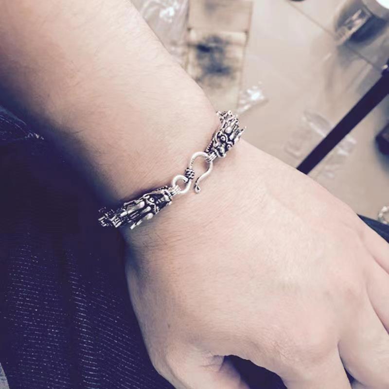 925 Sterling Silver Mens Handmade Vintage Six Dragons Bracelet