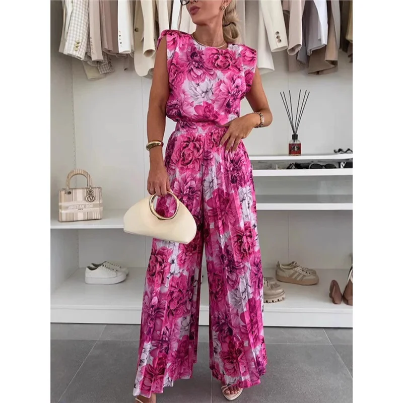 Athvotar Athvotar Summer Wide Leg Trousers Round Collar Sleeveless Top Trousers Two Sets Of Casual Wear