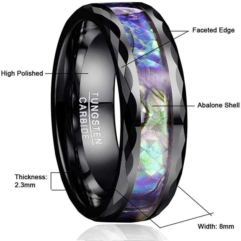 8MM Men Women Black Abalone Shell Tungsten Carbide Unisex Wedding Bands Faceted Edge Comfort Fit Couple