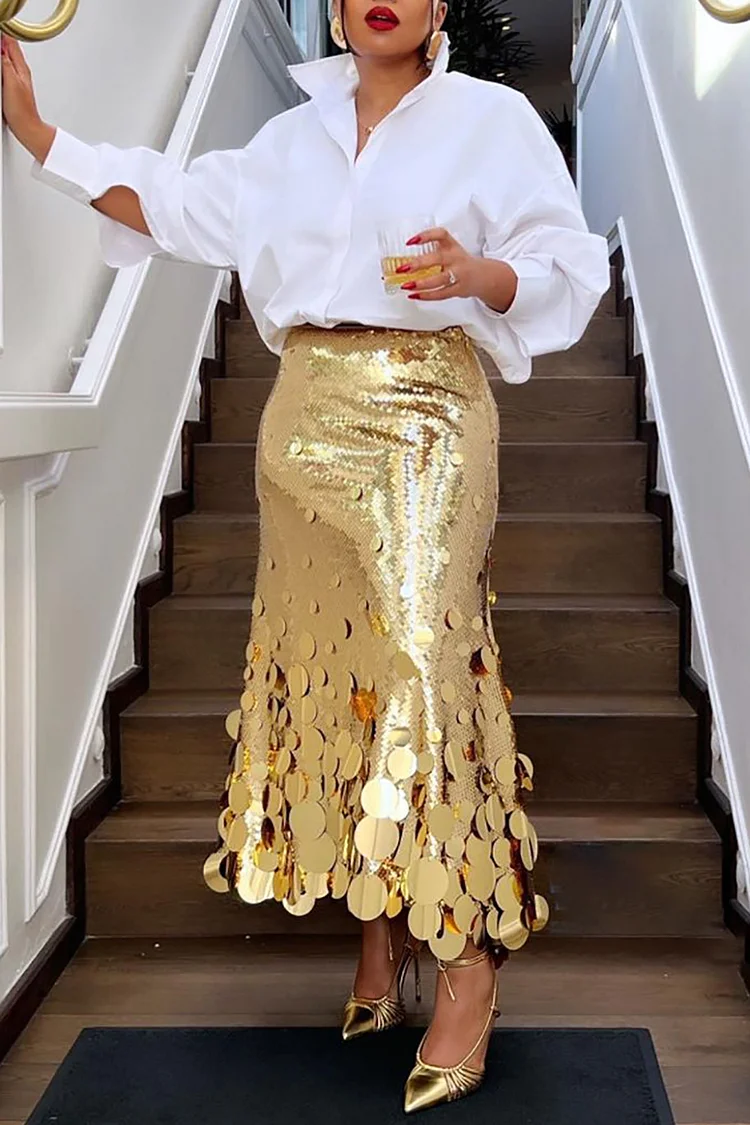 Plus size gold sequin maxi hot sale skirt