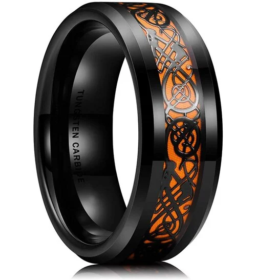 6MM 8MM Women's or Men's Tungsten Celtic Dragon Knot Black With Orange Resin Inlay Tungsten Carbide Wedding Bands