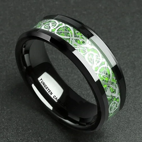 6MM 8MM Black Resin Inlay Silver and Bright Green Celtic Dragon Knot Women Or Men's Tungsten Carbide Wedding Rings with Resin Inlay Silver and Bright Green