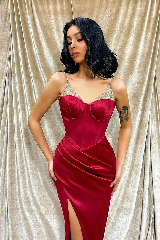 Burgundy Spaghetti-Straps Front Split With Beadings – Mridiya Evening Dress PD0806