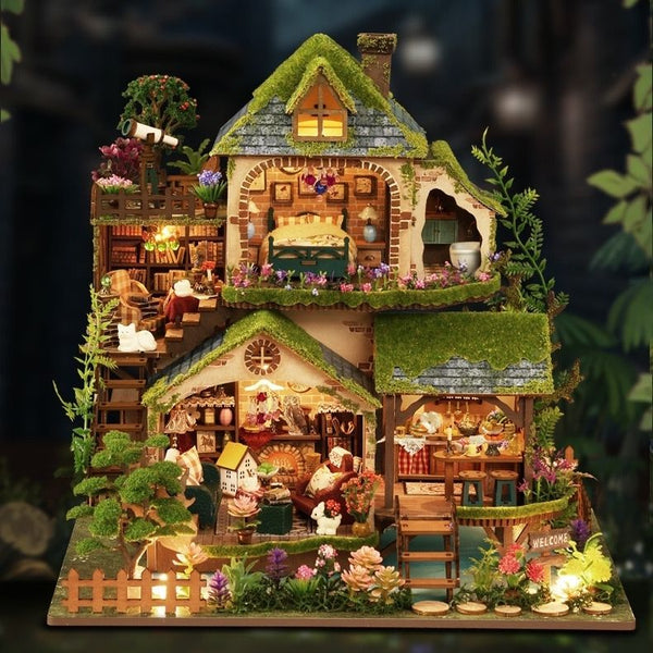 Forest Adventure DIY Miniature House Kit, a forest cabin featuring warm light and dust cover included