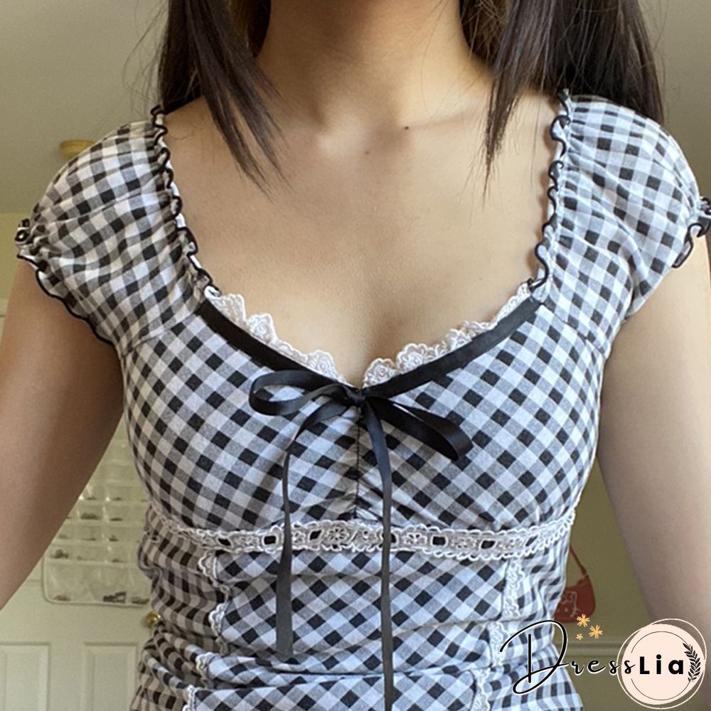 Kawaii Plaid T-Shirts Lace Crop Top Short Sleeve Slim Tees Y2k Fairycore Grunge Harajuku Tshirt Women Summer Clothes