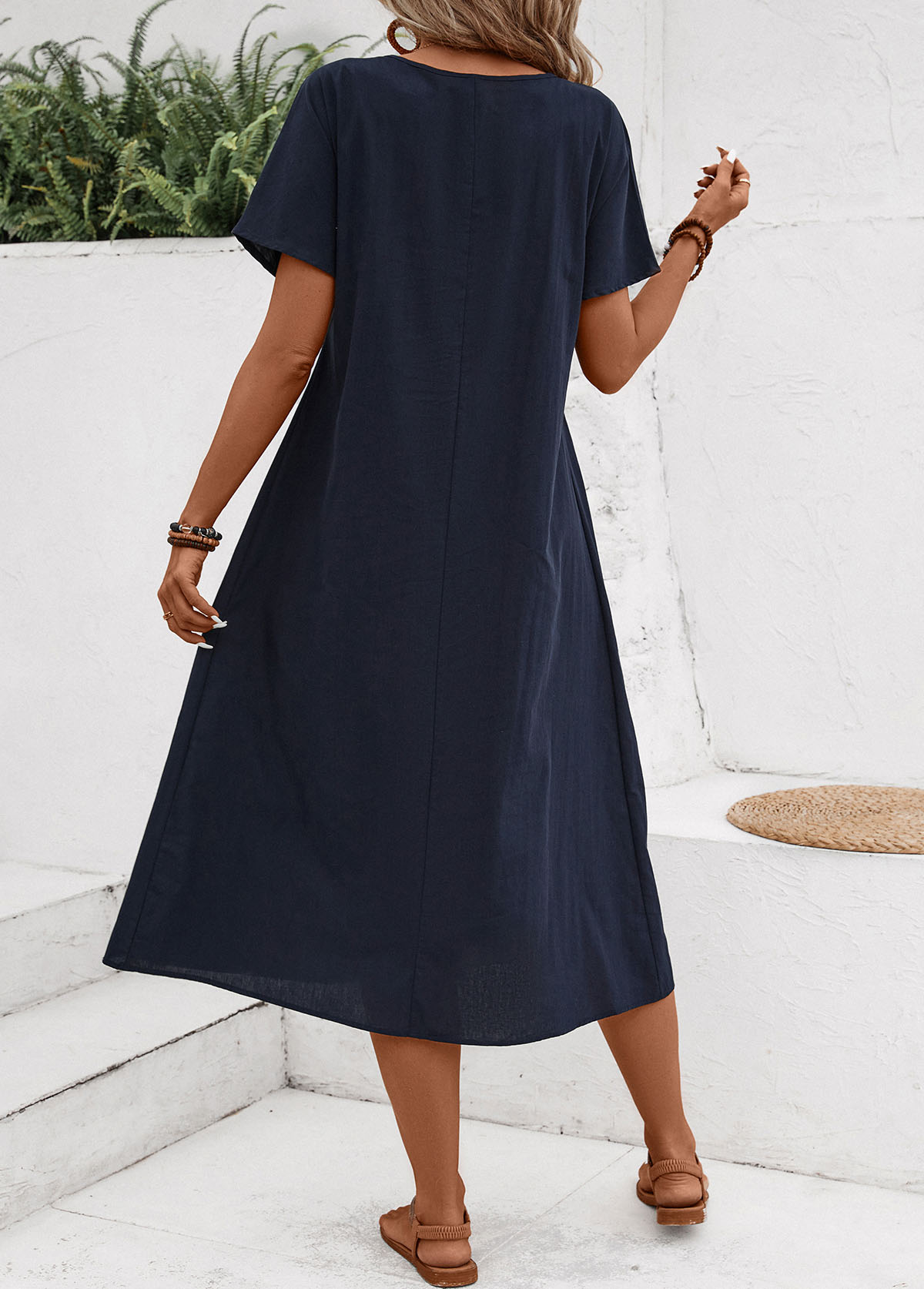 MODLILY DESIGN Navy Tuck Stitch Short Sleeve Round Neck Dress