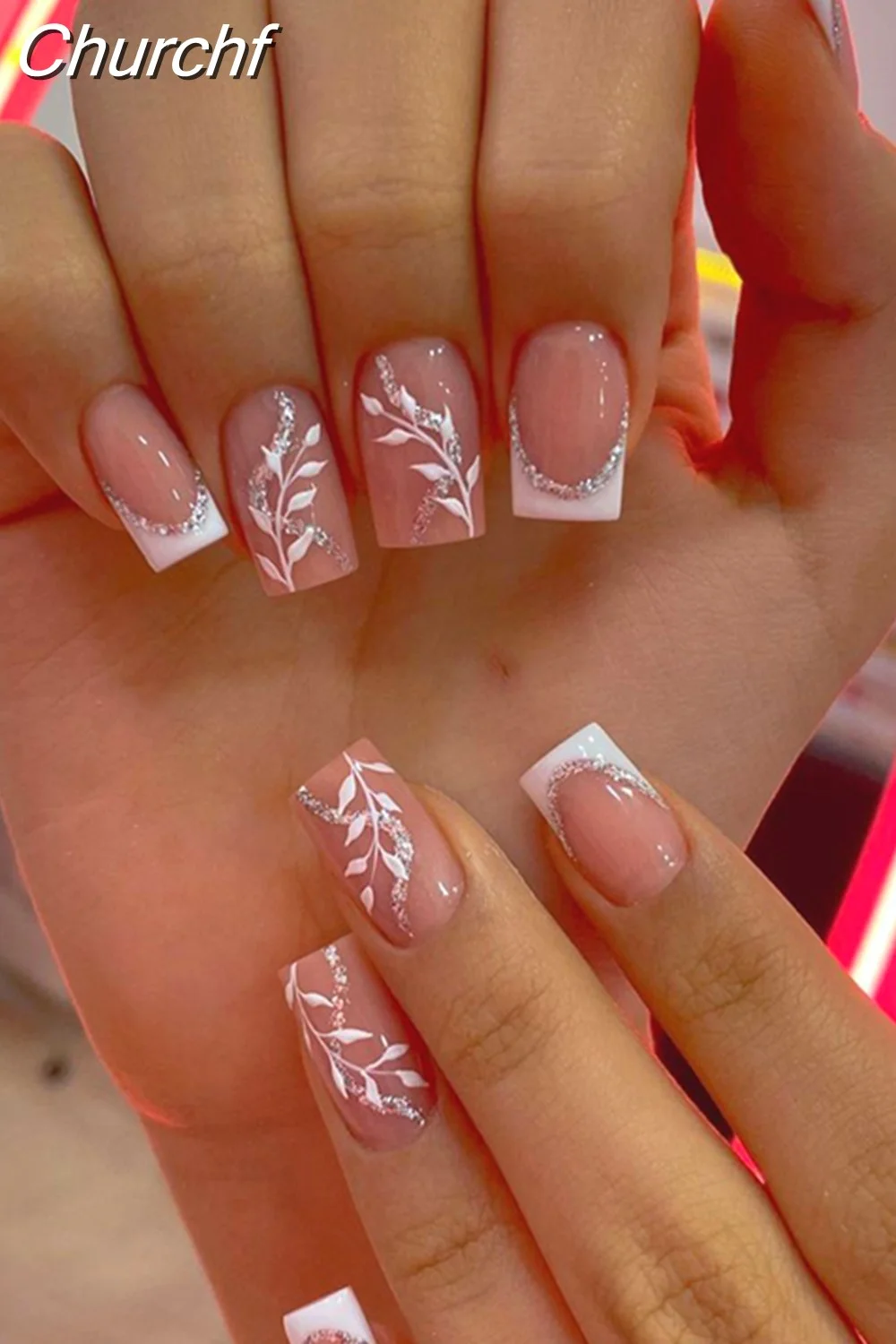 Churchf Nail Full Cover Fake Nail Pink Glitter Wearable French Short Nails Square Head False Nail Press On Nails Manicure Tool-Nail Inspo
