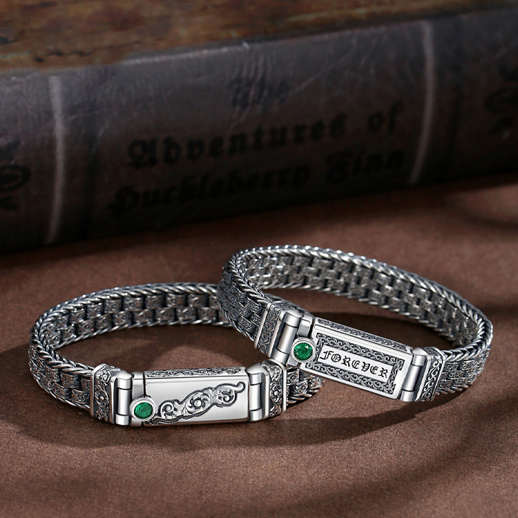 Grass Pattern Six-character Mantra Forever 925 Silver Mens Bracelet