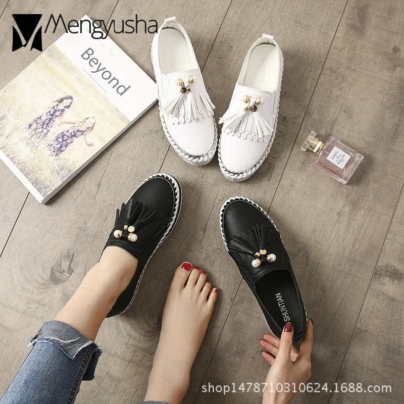 Crystal Small White Leather Shoes Women Tassel Espadrilles Creepers Fishermen Flats Ladies Loafers Handmade Leather Moccasins