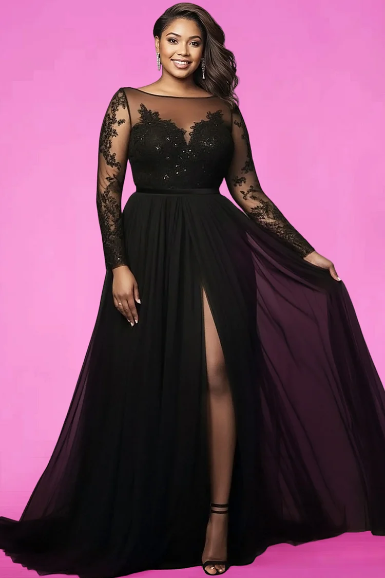 Xpluswear Design Plus Size Wedding Black Boat Neck Long Sleeve See Through Elegant Split Chiffon Lace Maxi Dresses [Pre-Order]