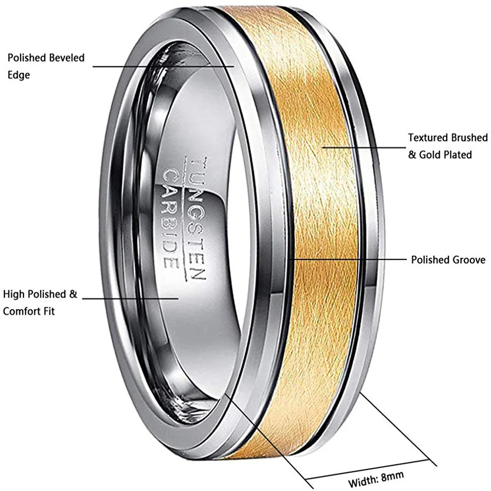 6mm 8mm Mens Women Gold Plated Tungsten Matching Brushed Couple Wedding Bands Beveled Edge Comfort Fit