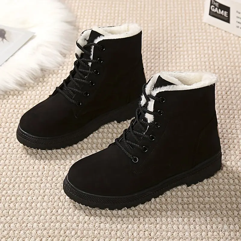 womens plush lined ankle boots solid color lace up round toe snow boots thermal outdoor short boots 35 black 7