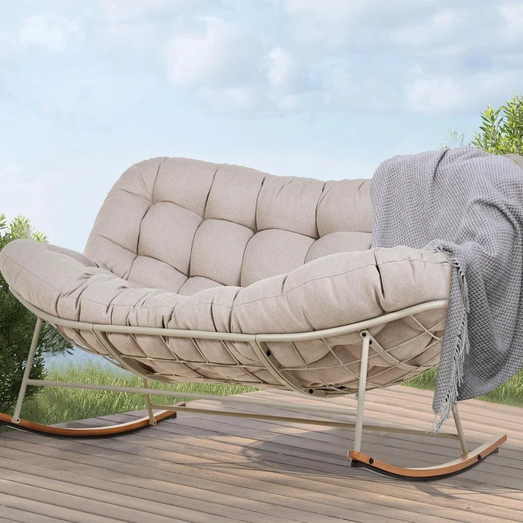 GRAND PATIO Double Rocking Chair, Outdoor Oversized Rocking Papasan Chair with E-Coated Steel Frame and Padded Cushion