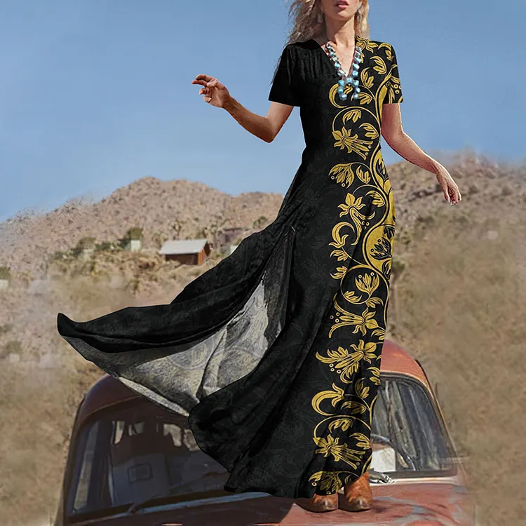 Vintage Decorative Pattern Print V Neck Short Sleeved Slit Maxi Dress