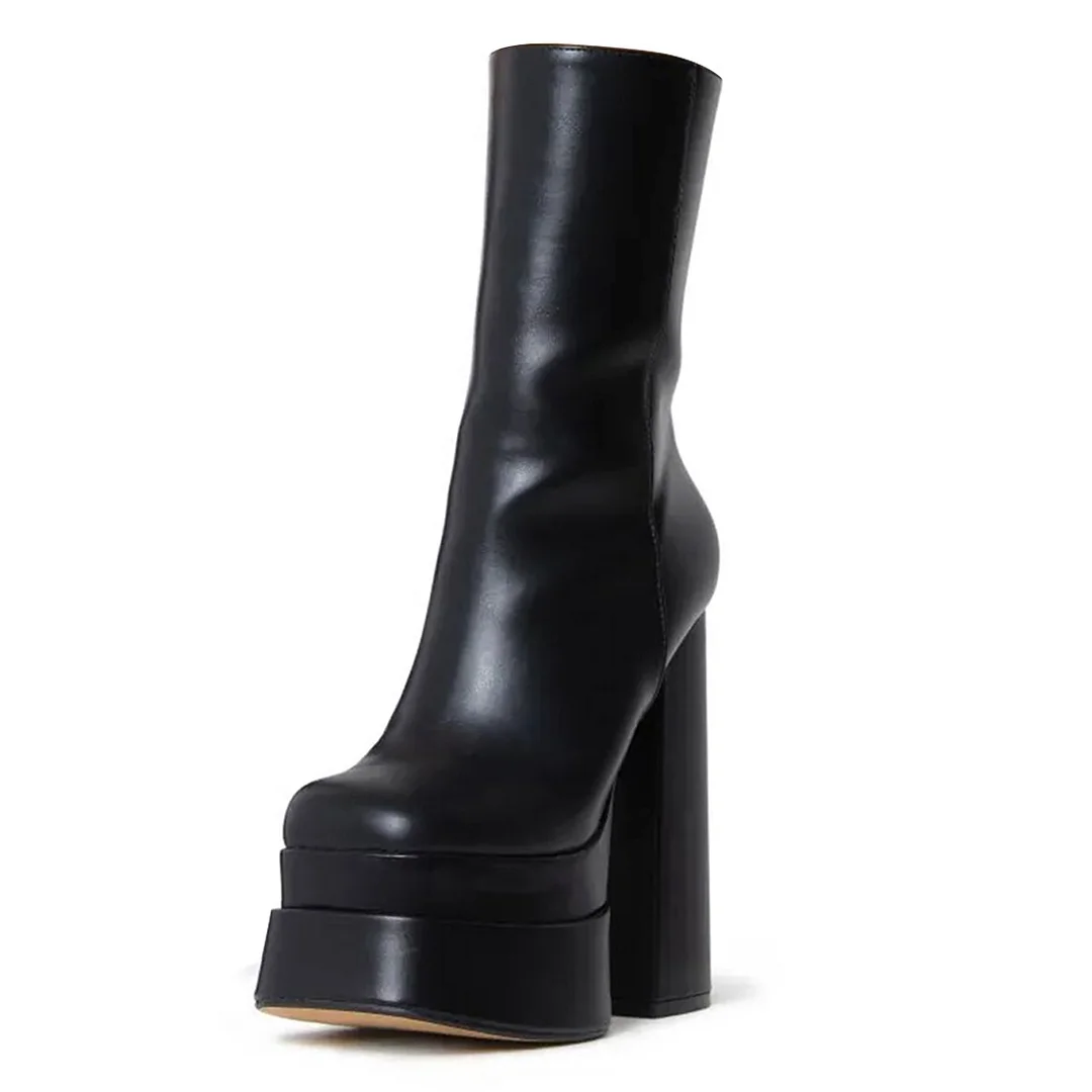 Black Round Toe Chunky Heel Platform Mid Calf Boots with Zipper
