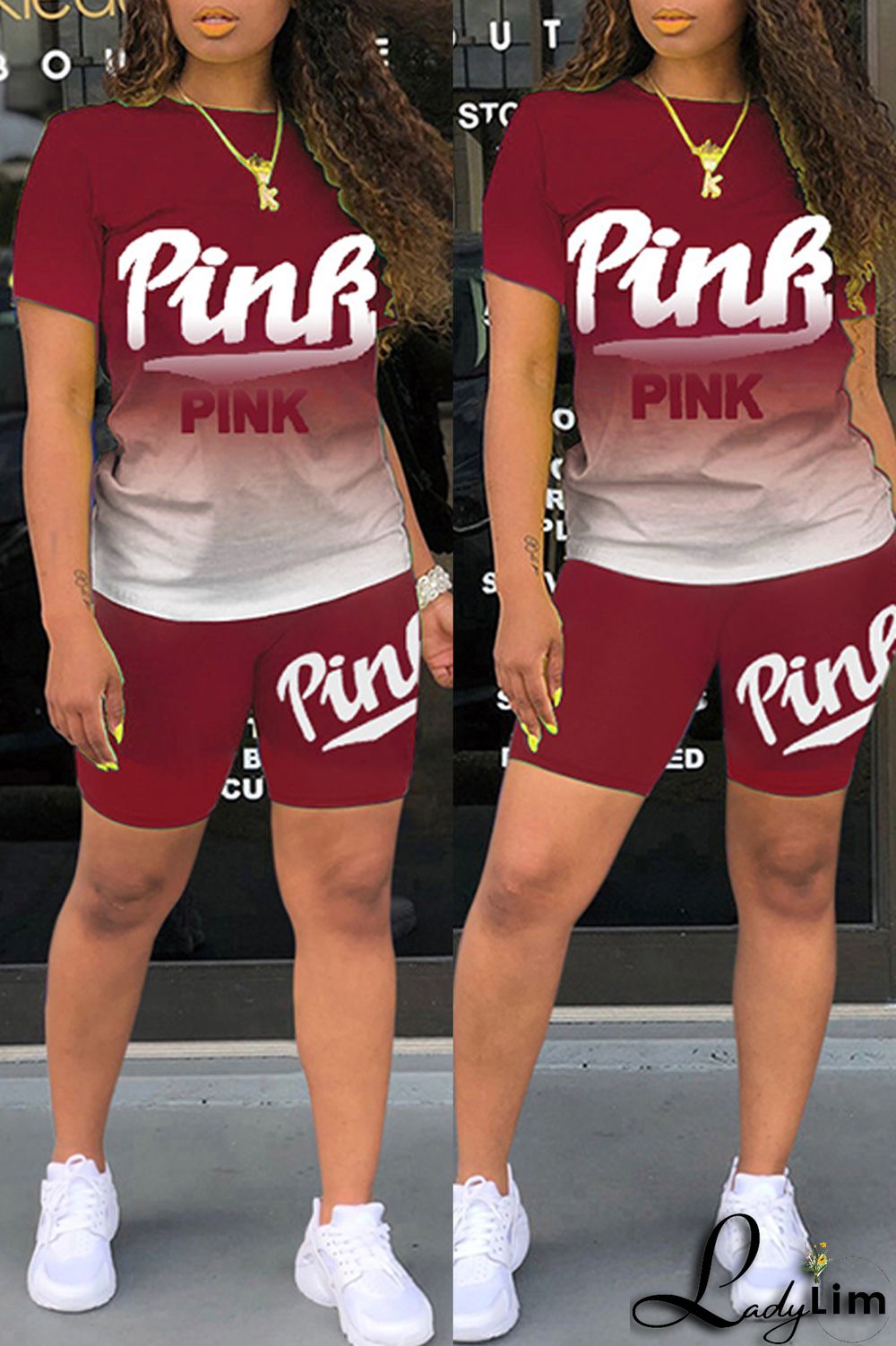 Green Fashion Casual Gradual Change Letter Print Basic O Neck Short Sleeve Two Pieces