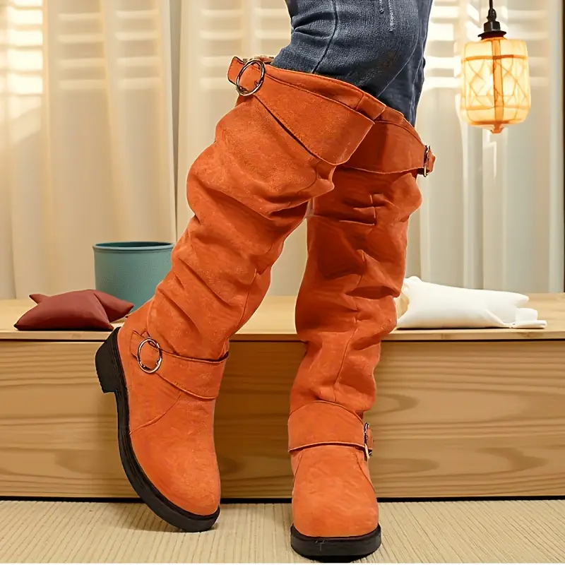 womens retro chunky heel calf boots with plush lining winter warm round toe pull on knee high boots in black blue soft synthetic cover cushioned insole versatile casual semi formal shoes for wear Product details 0