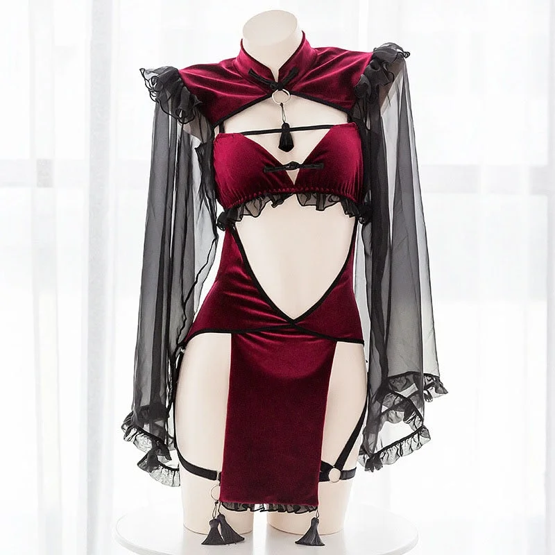 OJBK Punk Gothic Black Red Lace Sexy Lingerie for Women Maid Temptation Evil Demon Open Crotch Cosplay Backless Dress Costumes