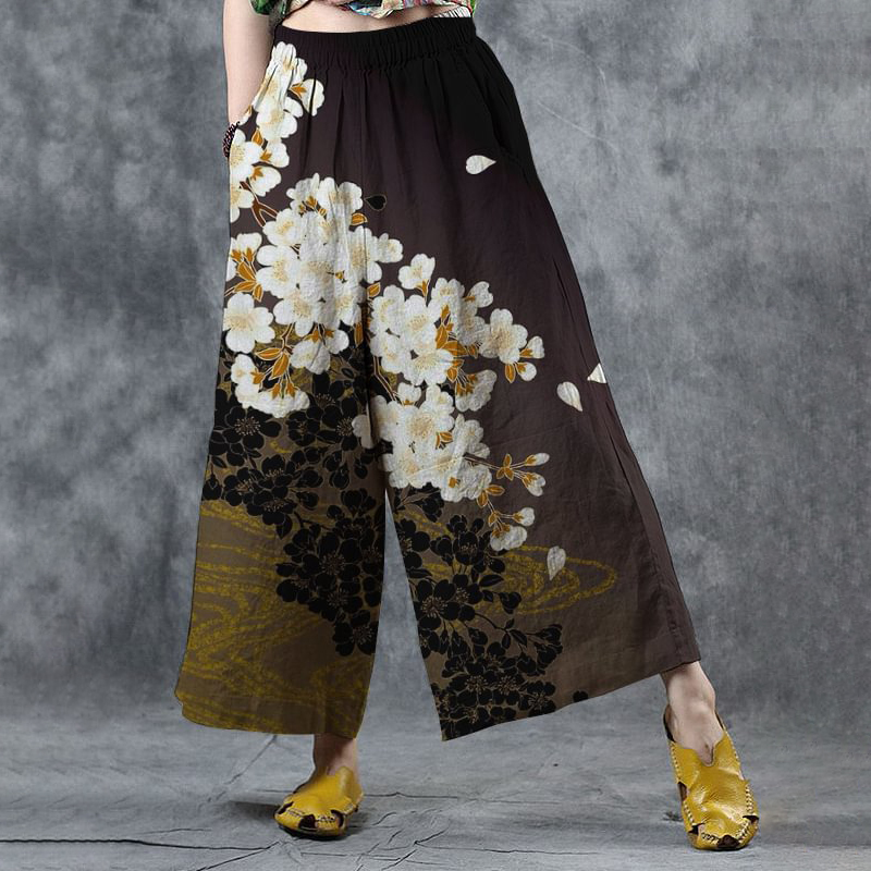 Women's Vintage Floral Print Casual Denim Wide Leg Pants main image 1
