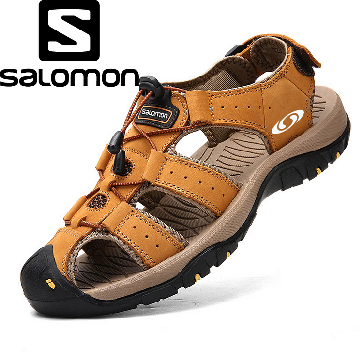 Sandálias de praia masculinas Salomon® para caminhada em couro. Calçados masculinos para atividades ao ar livre. Sandálias respiráveis ​​para pesca. 2024.