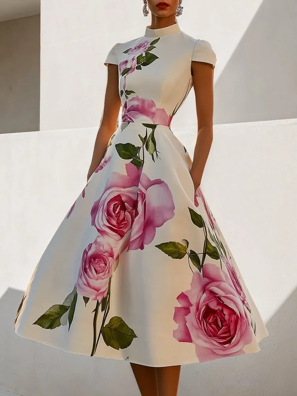 Short Sleeves Skinny Flower Print Stand Collar Midi Dresses