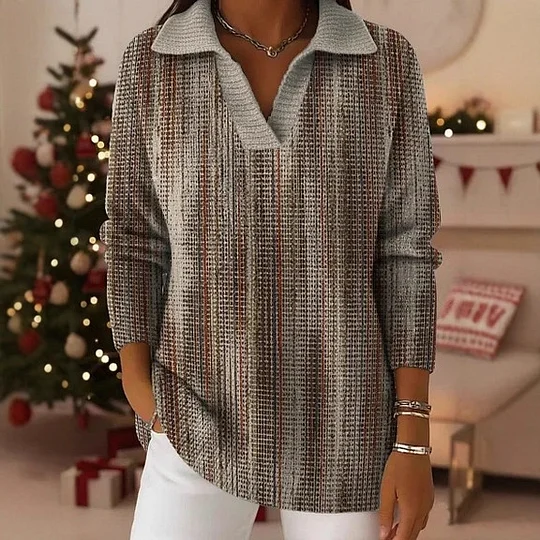 V-Neck Polo Collar Pullover Sweater Festive Christmas Holiday Knitwear Tunic Top