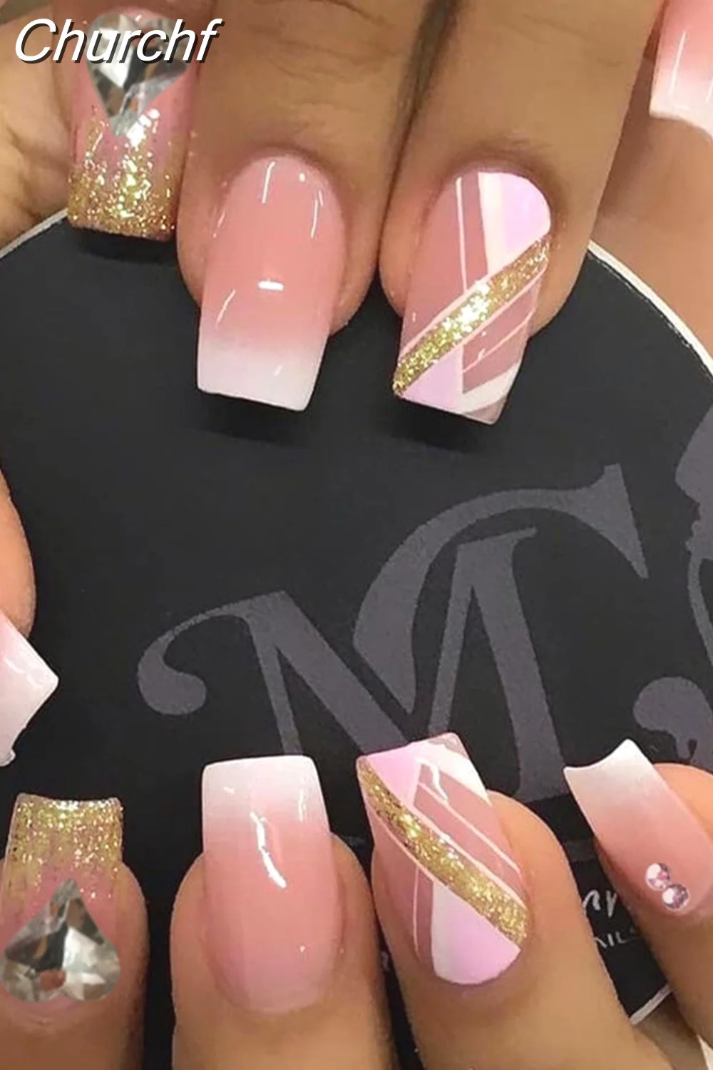 Churchf Drill False Nails Set Simple French Short Square Head Nails Manicure Fashion Full Cover Fake Nail Tips Press on Nails-Nail Inspo