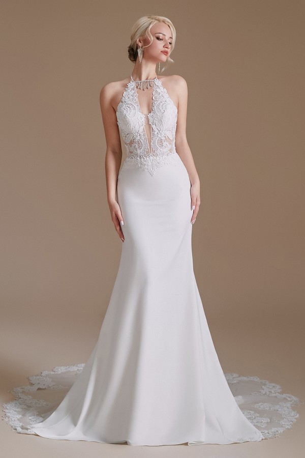 Ovlias Modest Long Mermaid Halter Backless Satin Wedding Dress With Appliques Lace WD0013