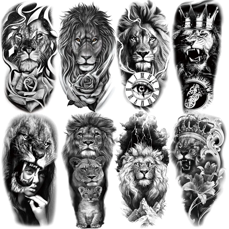 8 Sheets Waterproof Arm Leg Fake Temporary Tattoo - Lion Family Roar Crown Eye Flower Lady