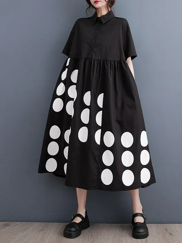 A-Line Long Sleeves Buttoned Pockets Printed Lapel Midi Dresses Shirt Dress