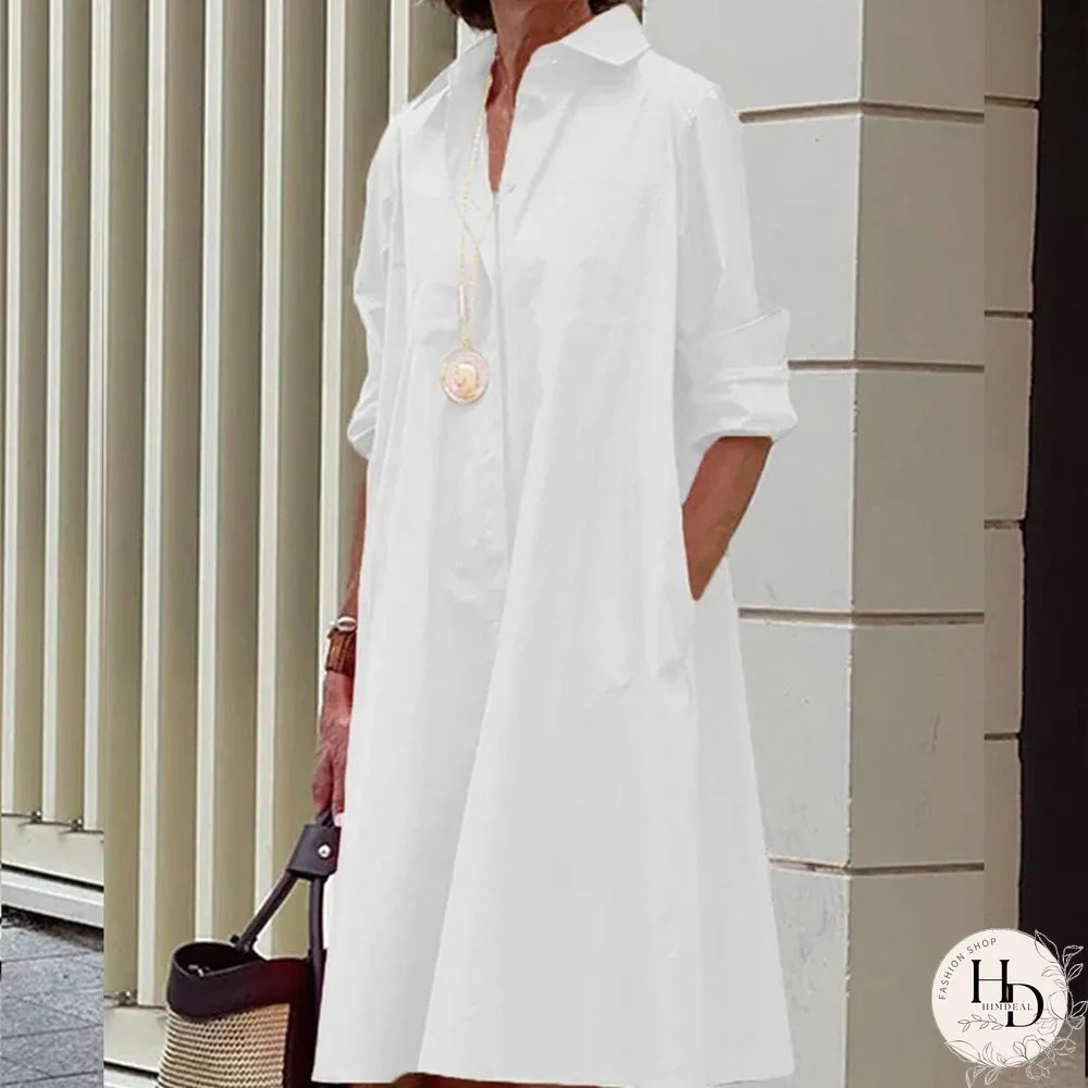 Autumn Women Harajuku Lapel Shirt Dress Vintage Ladies Long Sleeve Loose Mini Dress Elegant Commute Solid Pocket Dress Vestidos