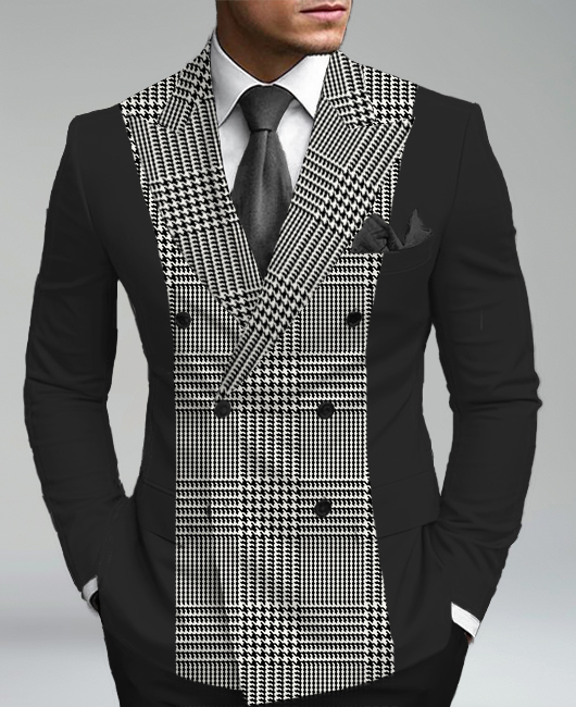 Business Peaked Lapel Double Breasted Houndstooth Patchwork Blazer
