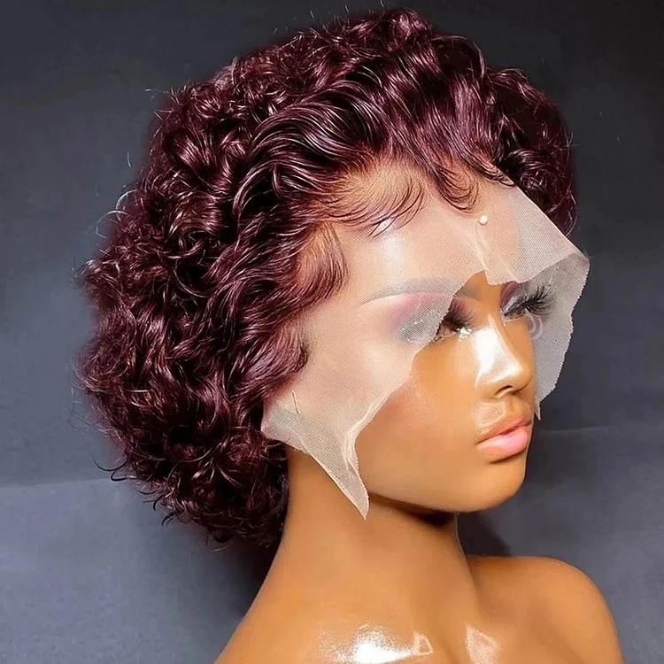 99J Burgundy 100% Human Hair 13×4 13×1 HD Front Lace Wig Bob Curly Hair Short Wig