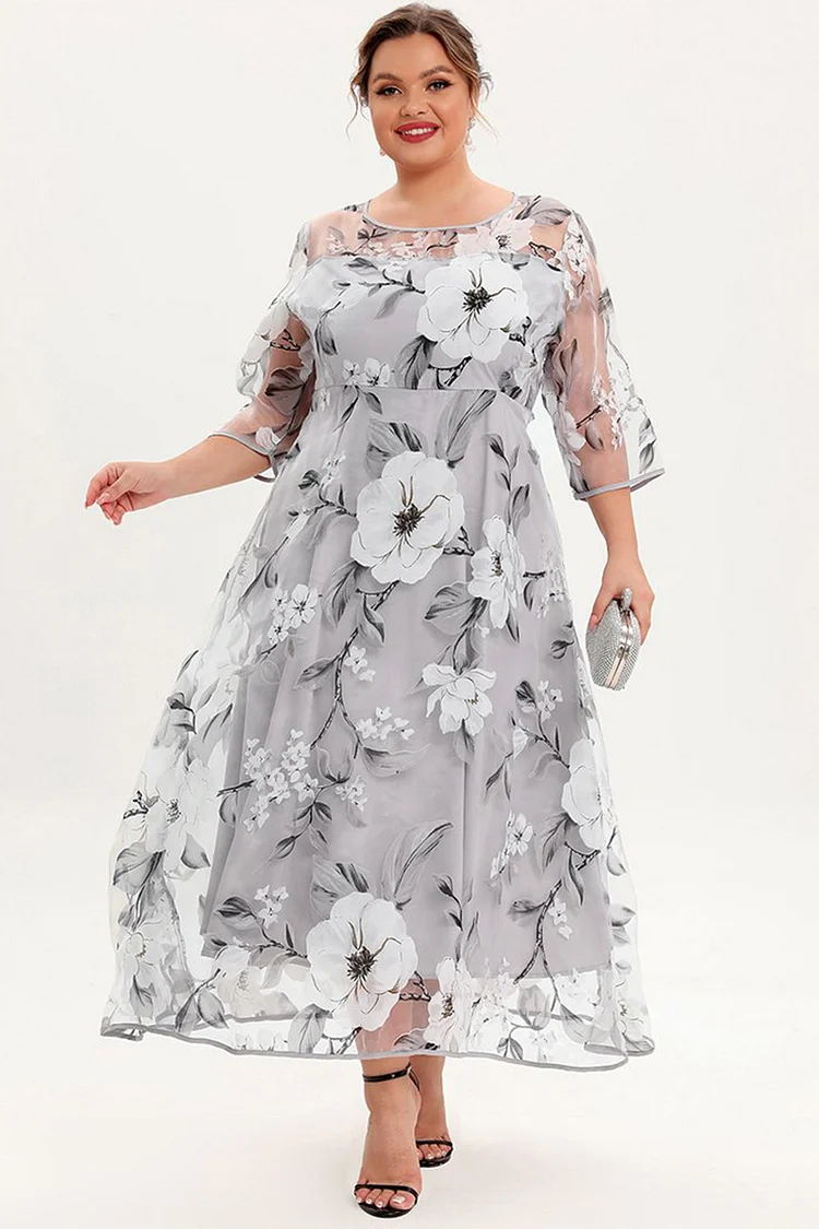Flycurvy Plus Size Mother Of The Bride Grey Floral Print Mesh Layered A Line Tunic Maxi Dress  Flycurvy [product_label]