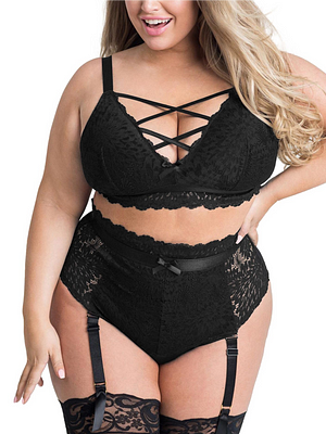Plus Size Lingerie Set for Women Mesh Black Lace Bra High Waist Suspender 2 Pieces Underwear