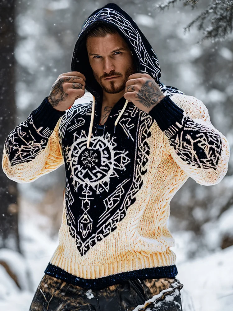 Men's Viking Tribal Jacquard Celtic Inspired Chunky Knit Hooded Sweater