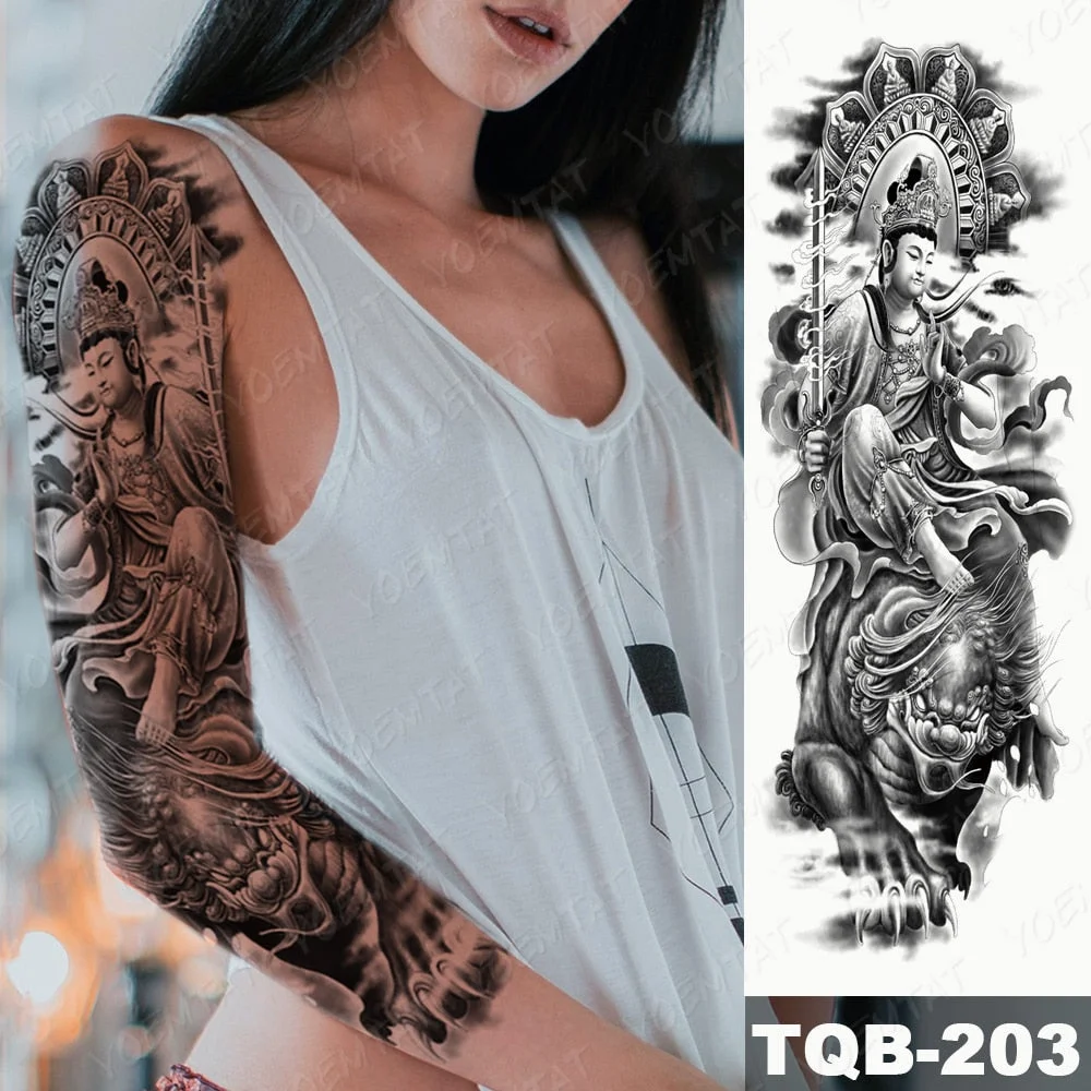 Large Arm Sleeve Tattoo Lion Cross Prayer Waterproof Temporary Tatto Sticker Tiger Beach Compass Body Art Full Fake Tatoo Men