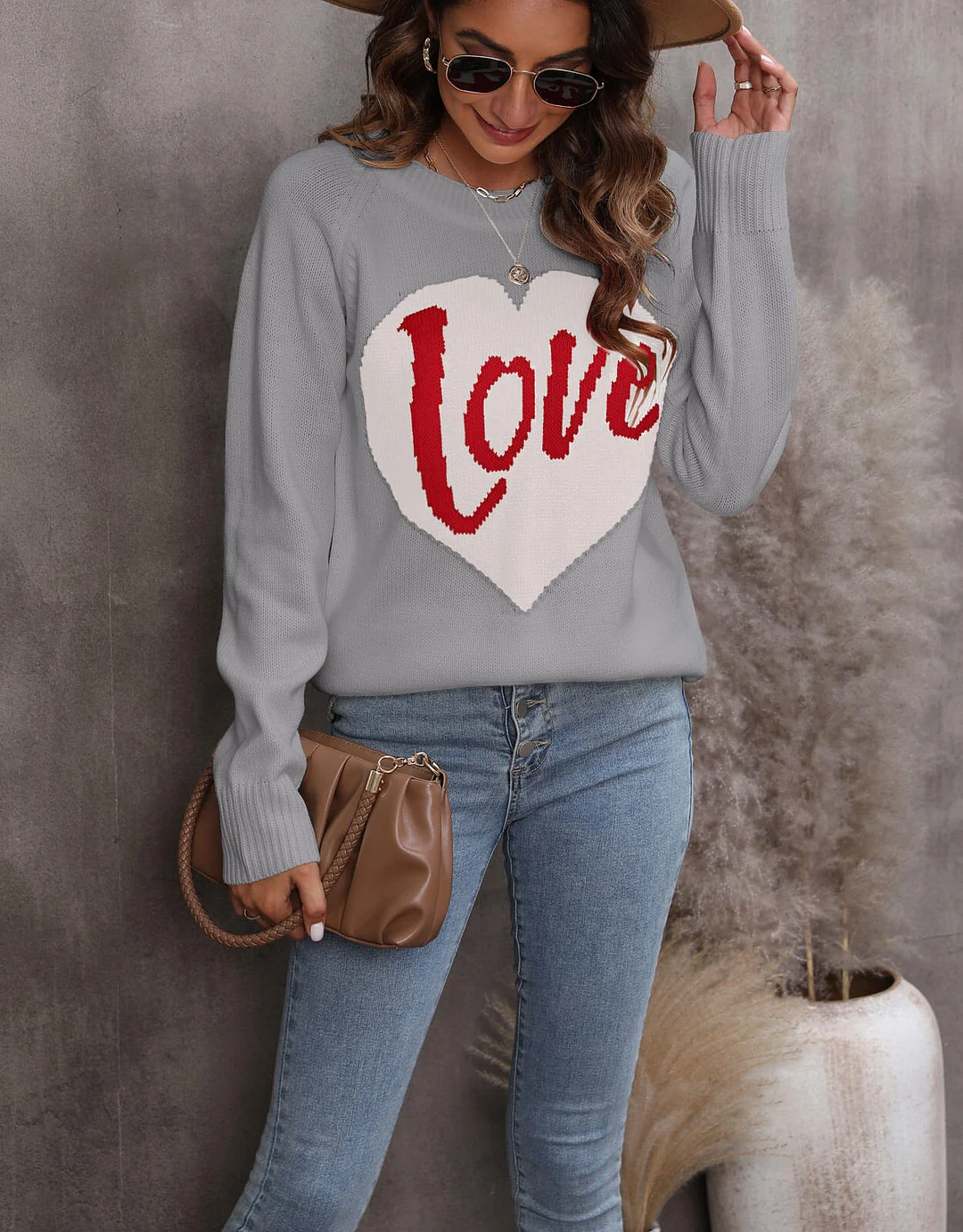 Athvotar Athvotar And Winter New Loose Love Letter Round Collar Knitted Shirt Long-Sleeved Sweater Woman