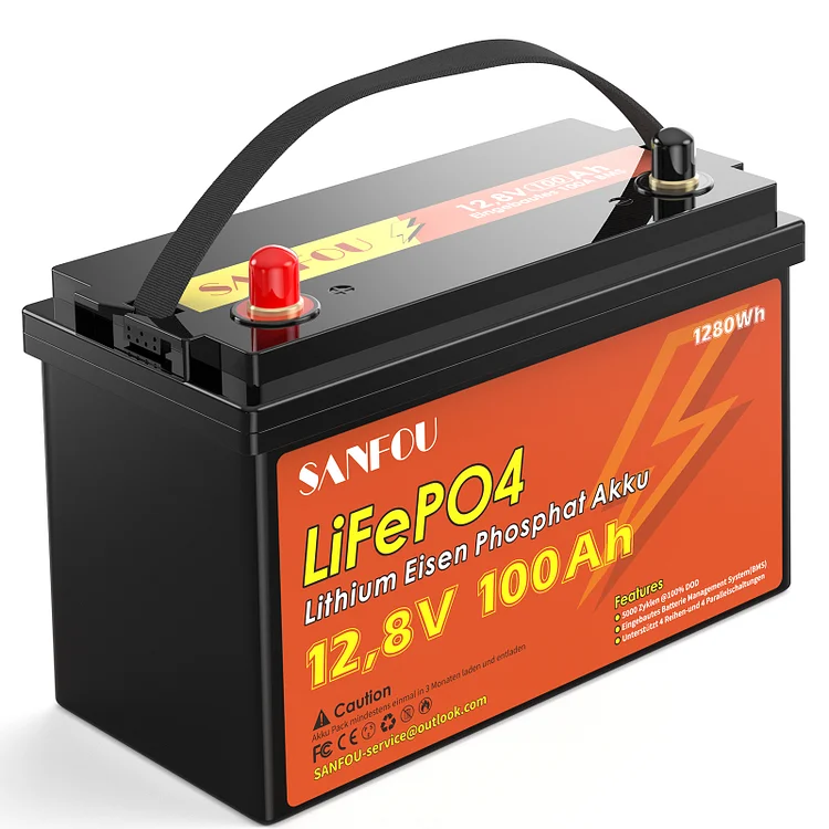 SANFOU 12.8V 100Ah LiFePO4 Battery, Built In 100A BMS