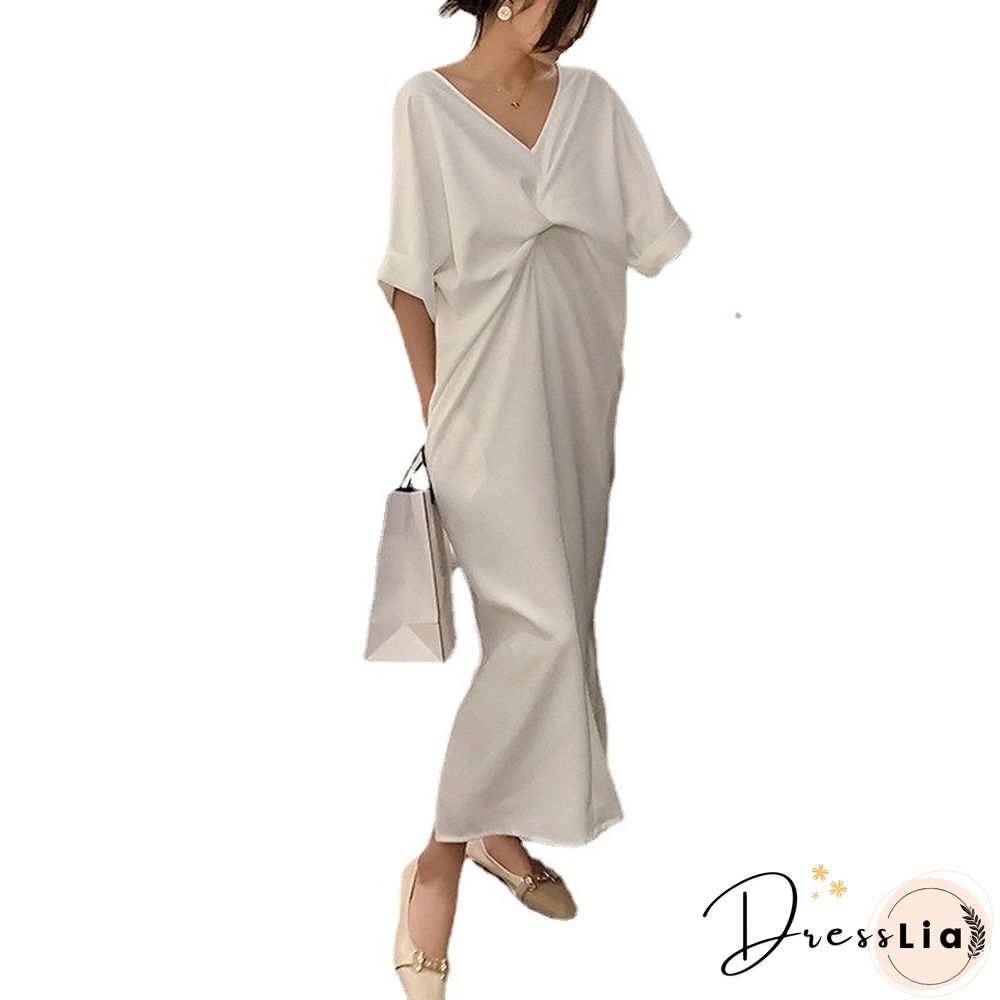 Extra-large Kinked T-shirt Skirt Loose Tibetan Meat Slim Backless V-neck Dress Wihte Dresses