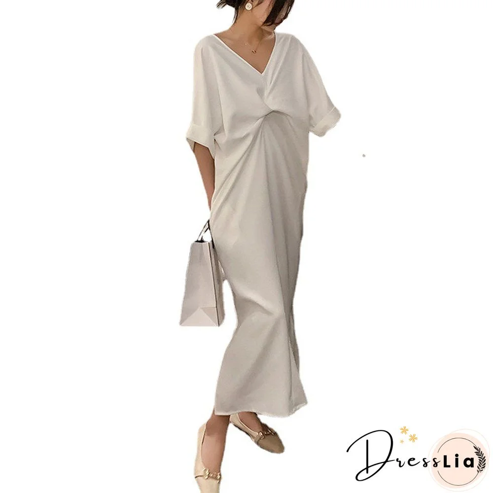 Extra-large Kinked T-shirt Skirt Loose Tibetan Meat Slim Backless V-neck Dress Wihte Dresses