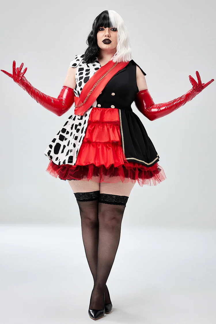 Xpluswear Design Plus Size Halloween Costume Red Colorblock Tulle Mini Dress [Pre-Order]