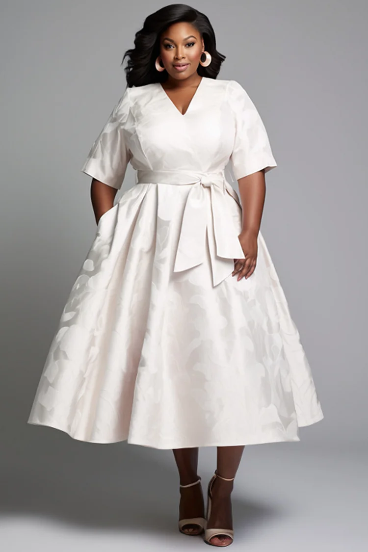 Xpluswear Design Plus Size Wedding White Elegant V Neck Half Sleeve Pocket Wrap Satin Midi Dresses 2024 - Xpluswear