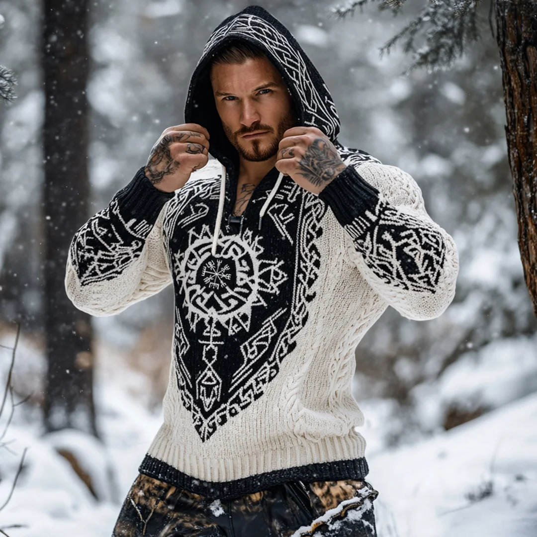 Men's Viking Tribal Jacquard Celtic Inspired Chunky Knit Hooded Sweater
