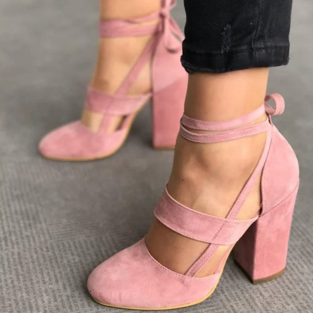 Pink Block Heel Sandals Suede Closed Toe Strappy Heels Pumps FSJshoes