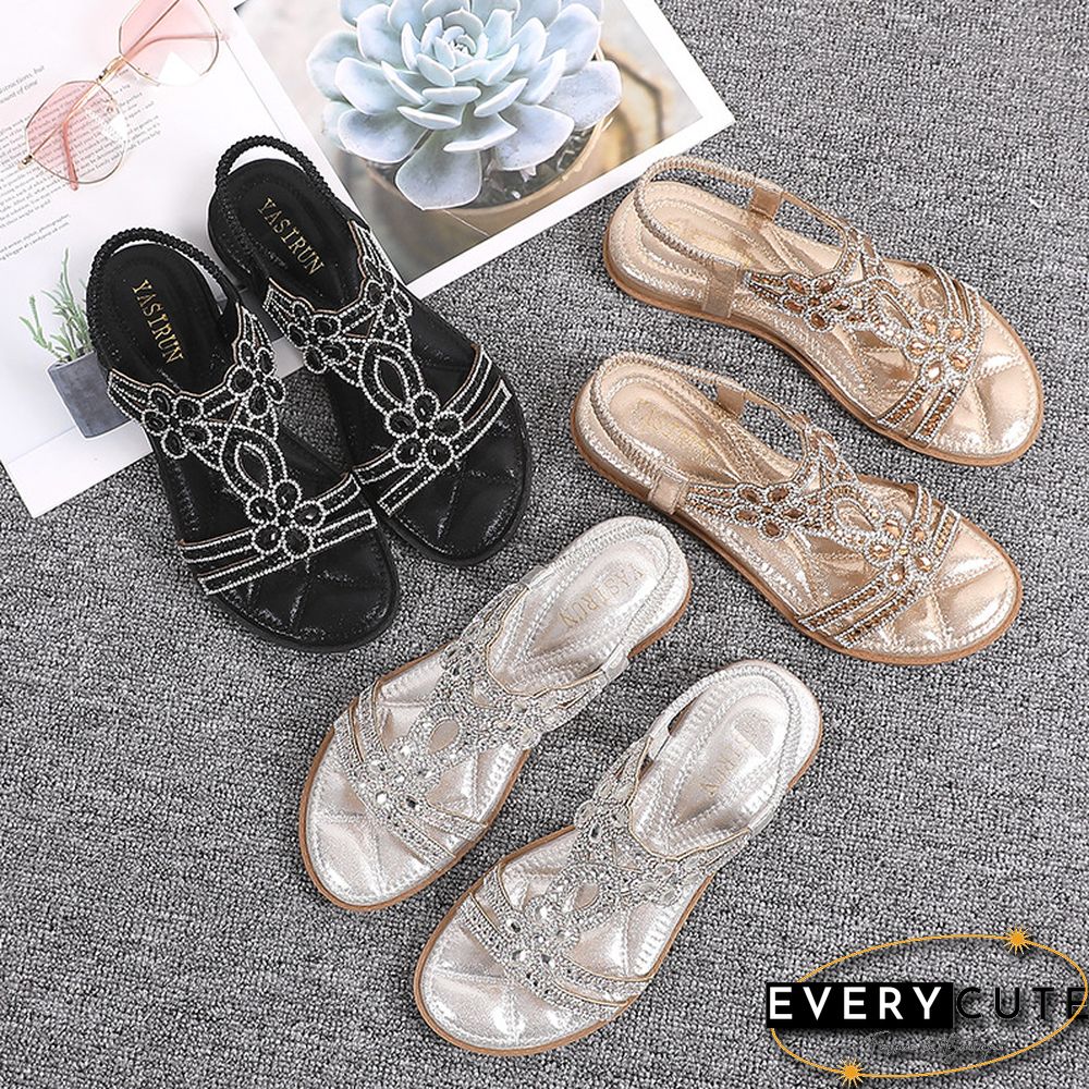 Crystal Women's Sandals Gold Silver Weddings Ladies Sandals Flat Summer Shoes Casual Woman Big Size 40 41 Sandalia Feminina