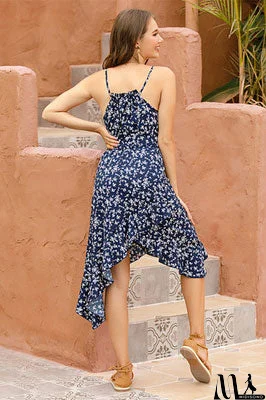 MidiSono - Dark Navy Printed Asymmetric Ruffle Dress